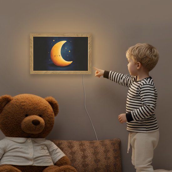 Nachtlampje 30x20 cm - Kinder lampje - Maan - Geel - Sterren - Gezichtje - Tafellamp kinderkamer - Slaapkamer lamp - Bedlamp kinderen - Kinderlampje stopcontact - Wandlamp babykamer - Nachtlampjes van Merkloos — afbeelding 5