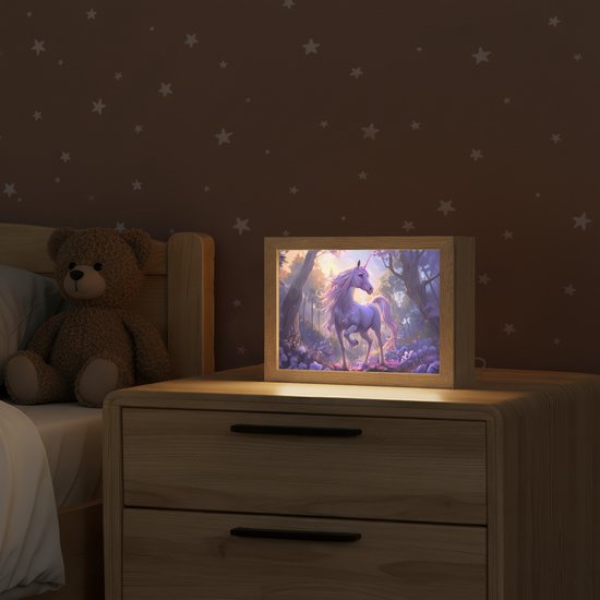 Nachtlampje 20x15 cm - Kinder lampje - Eenhoorn - Paars - Sprookje - Fantasy dier - Tafellamp kinderkamer - Slaapkamer lamp - Bedlamp kinderen - Kinderlampje stopcontact - Wandlamp babykamer - Nachtlampjes van Merkloos — afbeelding 2