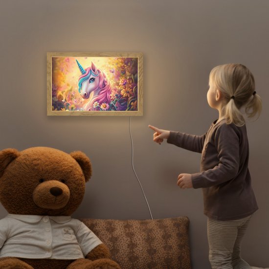 Nachtlampje 30x20 cm - Kinder lamp - Eenhoorn - Roze - Kleurrijk - Sprookjesbos - Tafellamp kinderkamer - Slaapkamer lamp - Bedlamp kinderen - Kinderlampje stopcontact - Wandlamp babykamer - Nachtlampjes van Little Dreamzzz. — afbeelding 5