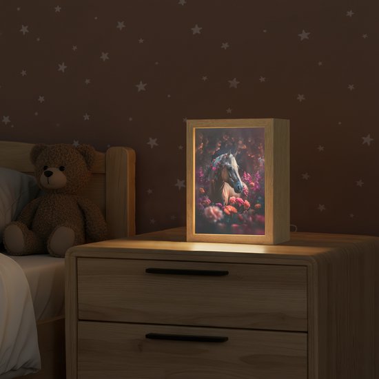 Nachtlampje 15x20 cm - Kinder lamp - Paard - Bloemen - Paars - Oranje - Dieren - Tafellamp kinderkamer - Slaapkamer lamp - Bedlamp kinderen - Kinderlampje stopcontact - Wandlamp babykamer - Nachtlampjes van Merkloos — afbeelding 2