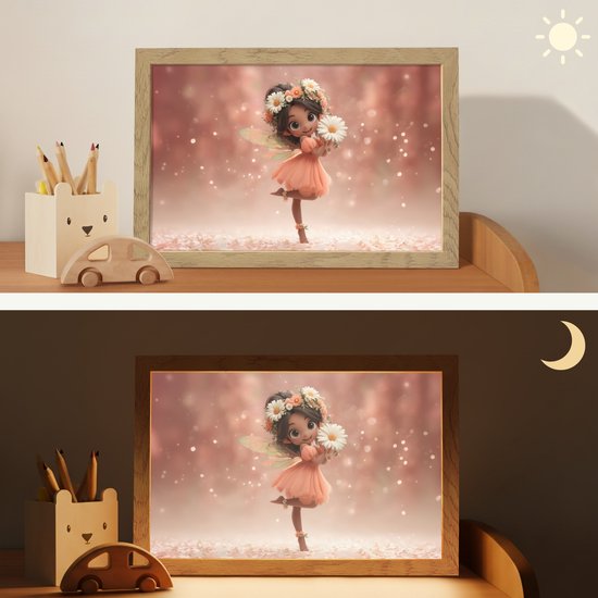 Nachtlampje 30x20 cm - Kinder lampje - Bloemenfee - Roze - Meisje - Tafellamp kinderkamer - Slaapkamer lamp - Bedlamp kinderen - Kinderlampje stopcontact - Wandlamp babykamer - Nachtlampjes van Merkloos — afbeelding 4