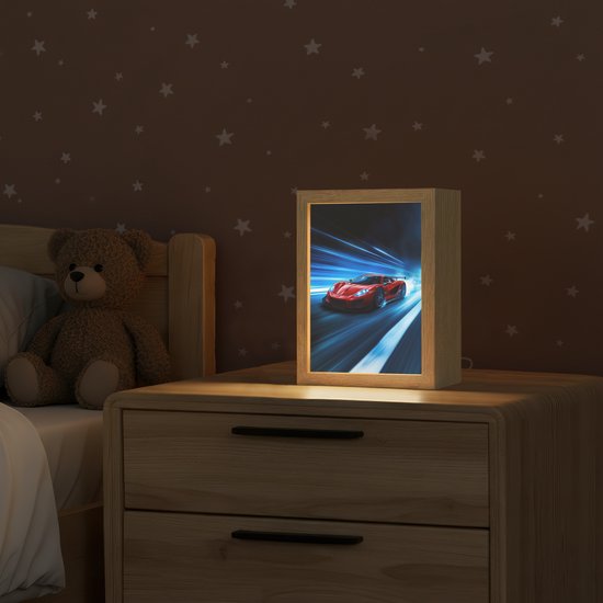 Nachtlampje 15x20 cm - Kinder lampje - Rode raceauto - Blauw - Futuristisch - Tafellamp kinderkamer - Slaapkamer lamp - Bedlamp kinderen - Kinderlampje stopcontact - Wandlamp babykamer - Nachtlampjes van OnlyWow — afbeelding 2