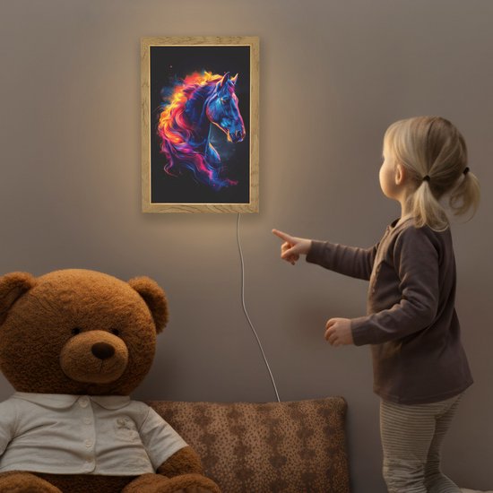 Nachtlampje 20x30 cm - Kinder lampje - Paard - Dier - Rook - Zwart - Kleuren - Tafellamp kinderkamer - Slaapkamer lamp - Bedlamp kinderen - Kinderlampje stopcontact - Wandlamp babykamer - Nachtlampjes van Merkloos — afbeelding 5