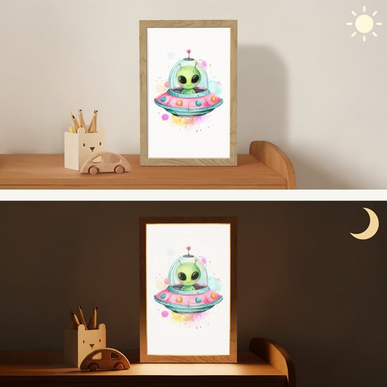 Nachtlampje 20x30 cm - Kinder lampje - Alien - Ufo - Kleurrijk - Tafellamp kinderkamer - Slaapkamer lamp - Bedlamp kinderen - Kinderlampje stopcontact - Wandlamp babykamer - Nachtlampjes van Merkloos — afbeelding 4