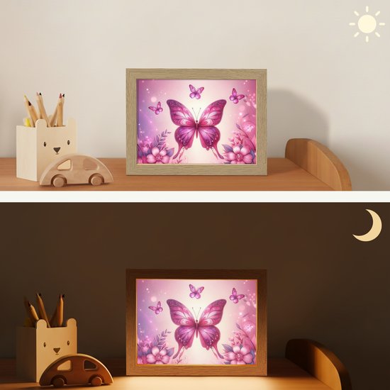 Nachtlampje 20x15 cm - Kinder lampje - Vlinder - Roze - Bloemen - Tafellamp kinderkamer - Slaapkamer lamp - Bedlamp kinderen - Kinderlampje stopcontact - Wandlamp babykamer - Nachtlampjes van Merkloos — afbeelding 4