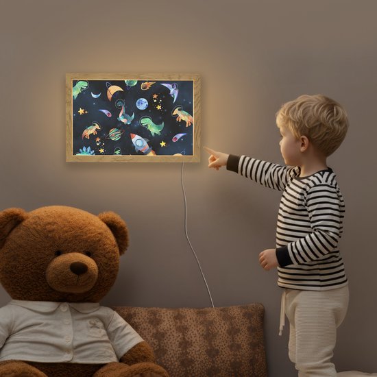 Nachtlampje 30x20 cm - Kinder lampje - Ruimte - Dino - Dinosaurus - Jongens - Tafellamp kinderkamer - Slaapkamer lamp - Bedlamp kinderen - Kinderlampje stopcontact - Wandlamp babykamer - Nachtlampjes van Merkloos — afbeelding 5