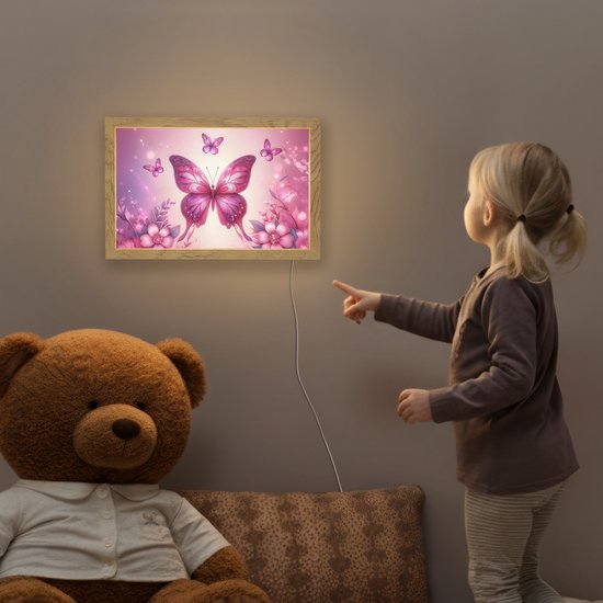 Nachtlampje 30x20 cm - Kinder lampje - Vlinder - Roze - Bloemen - Tafellamp kinderkamer - Slaapkamer lamp - Bedlamp kinderen - Kinderlampje stopcontact - Wandlamp babykamer - Nachtlampjes van Merkloos — afbeelding 5