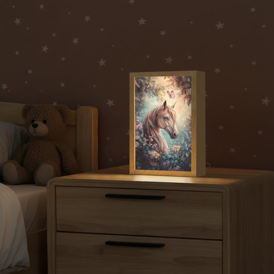 Nachtlampje 20x30 cm - Kinder lampje - Paard - Bloemen - Vlinders - Tafellamp kinderkamer - Slaapkamer lamp - Bedlamp kinderen - Kinderlampje stopcontact - Wandlamp babykamer - Nachtlampjes van OnlyWow — afbeelding 2