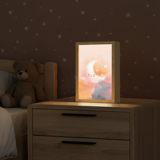 Nachtlampje 20x30 cm - Kinder lampje - Maan - Gezichtje - Sterren - Roze - Tafellamp kinderkamer - Slaapkamer lamp - Bedlamp kinderen - Kinderlampje stopcontact - Wandlamp babykamer - Nachtlampjes van OnlyWow — afbeelding 2
