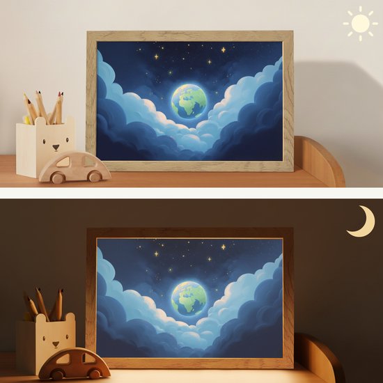 Nachtlampje 30x20 cm - Kinder lampje - Planeet - Wolken - Sterren - Blauw - Tafellamp kinderkamer - Slaapkamer lamp - Bedlamp kinderen - Kinderlampje stopcontact - Wandlamp babykamer - Nachtlampjes van DecoLife — afbeelding 4