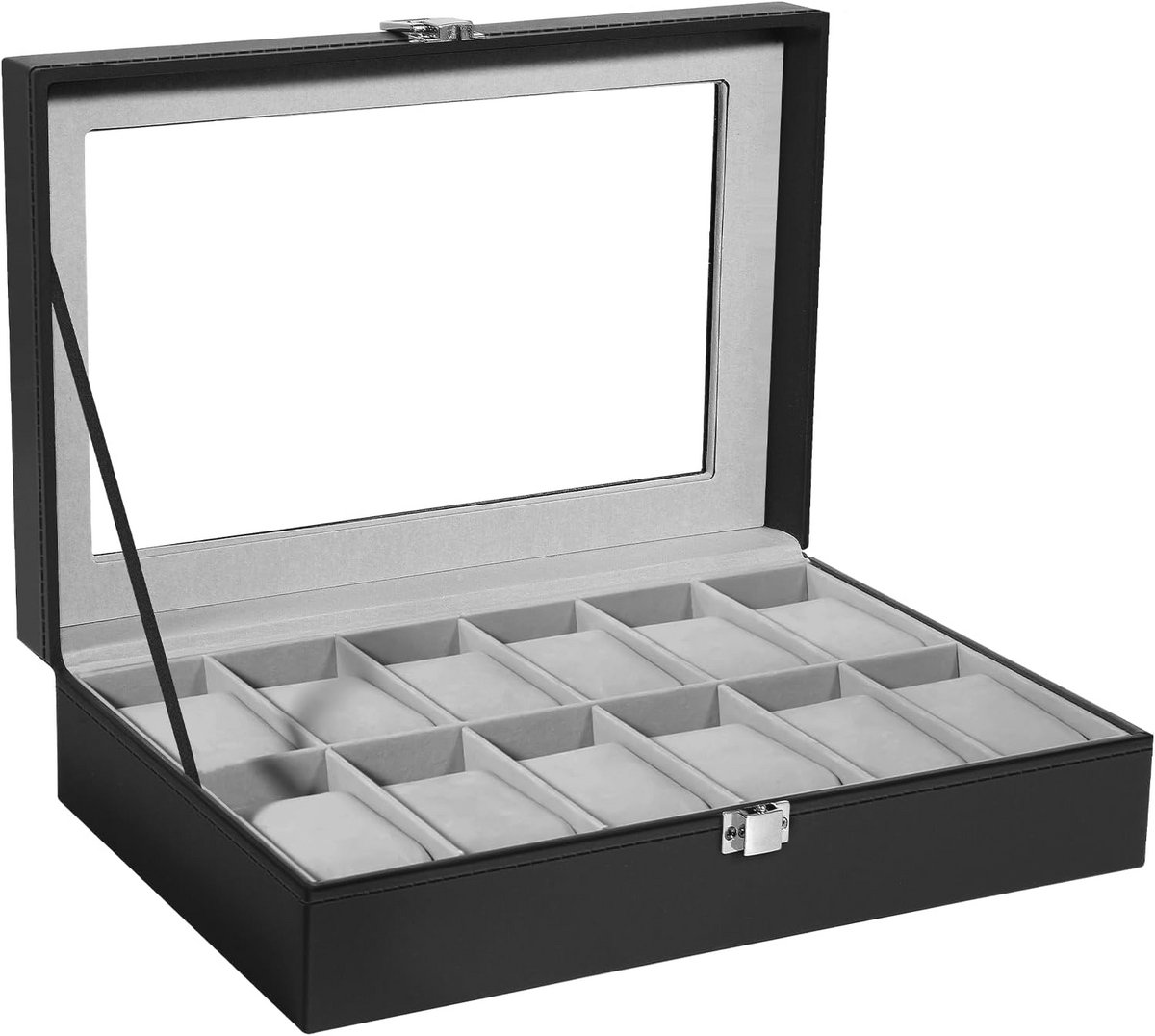 Horlogedoos met 12 vakken en glazen deksel - Elegante opbergdoos voor horloges en sieraden