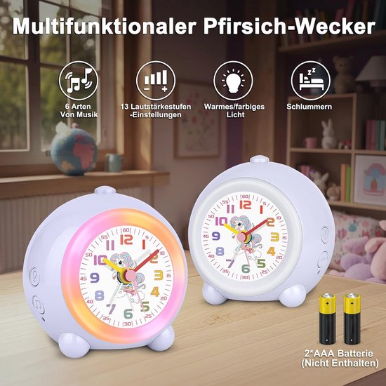 Analoge Kinderwekker met Eenhoorn Design - Geruisloos en Instelbaar Volume in Lichtpaars — afbeelding 4