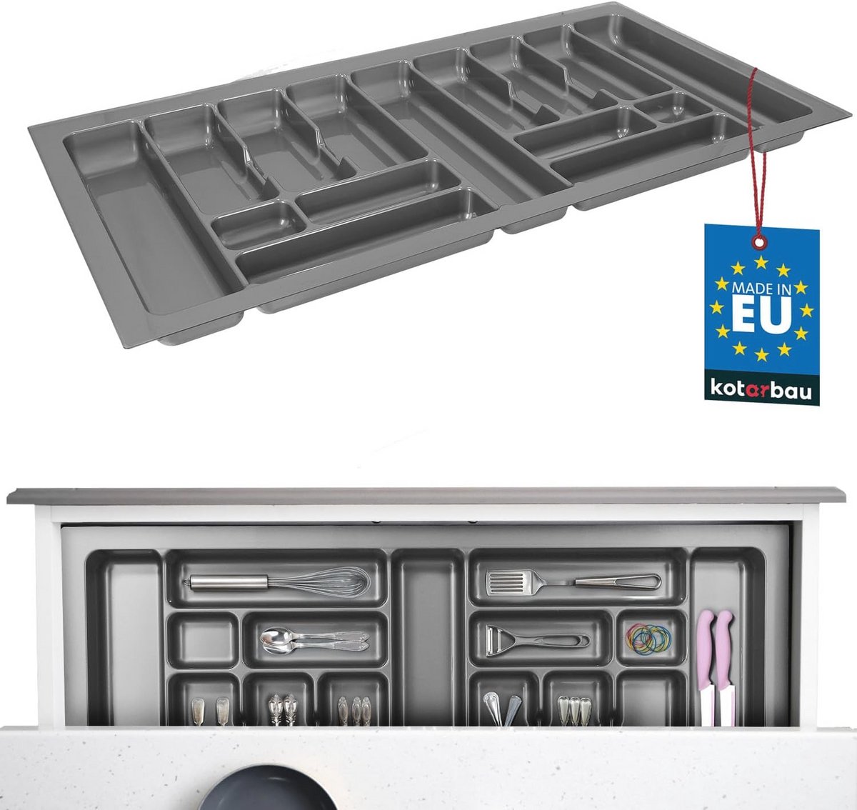 Bestekbak voor lade, grijs, 935 x 490 mm, lade-organizer voor keukenbestek