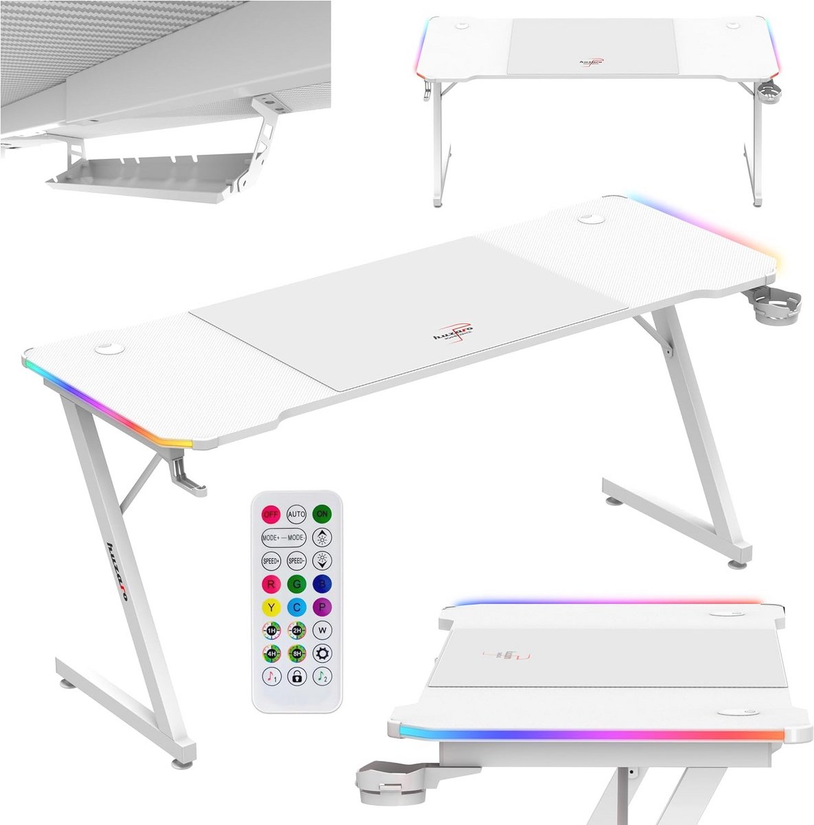 XXL Gaming PC Tafel met RGB LED Verlichting | Inclusief muismat, Hoofdtelefoonhaak, Bekerhouder en Kabelorganisator - 160 x 60 cm - Wit