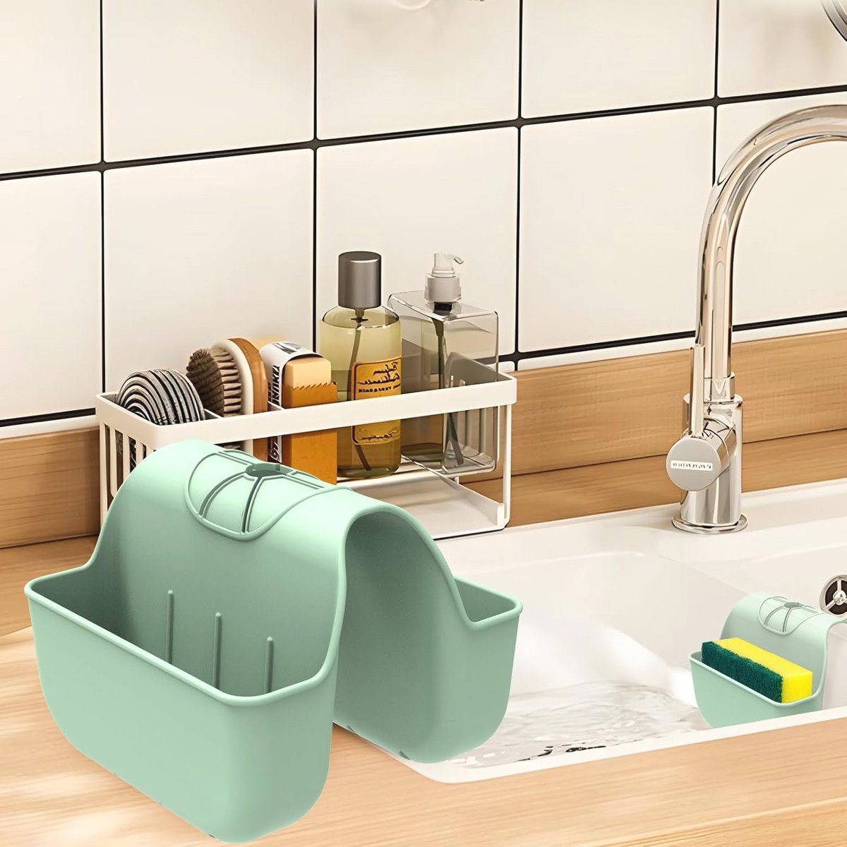 Siliconen Gootsteen Organizer met Caddy voor Spons en Schoonmaakaccessoires - Groen