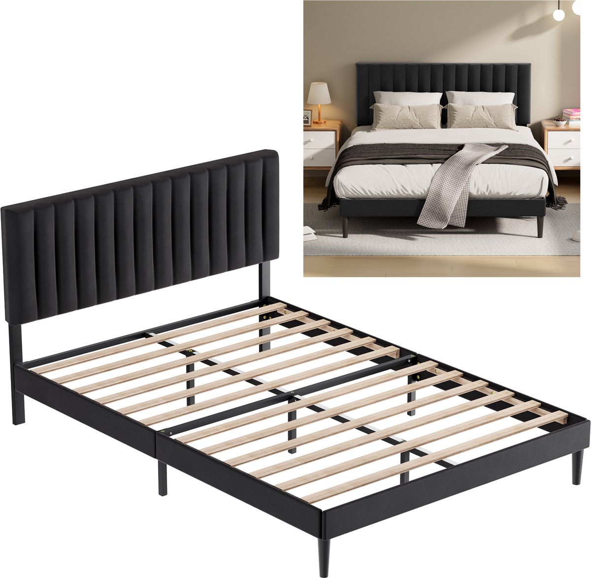 KUTAS 2 Persoons Bed 140 x 200 cm - Tweepersoonsbed - Gestoffeerd Bedframe met Hoofdbord - Lattenbodem - Metalen Frame - 17 cm Opbergruimte Onder het Bed - Eenvoudige Montage Zwart