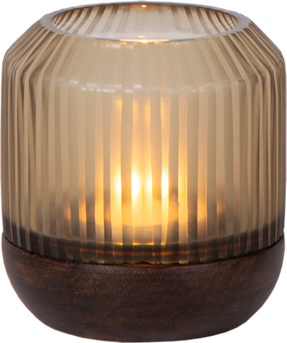 Atmooz Sablon kaarsenhouder S – Ø10 × H11 cm – donker hout met helder glas – kleine hurricane – moderne decoratieve kaarshouder – warme sfeermaker voor tafel, wandrek of kast – stijlvol woonaccessoire