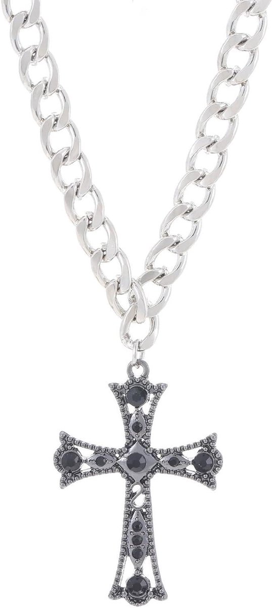 Allecta - Grote zilveren kruis halsketting met gegraveerde bloem - Religieus crucifix - Vintage design - Halloween accessoires voor vrouwen en mannen