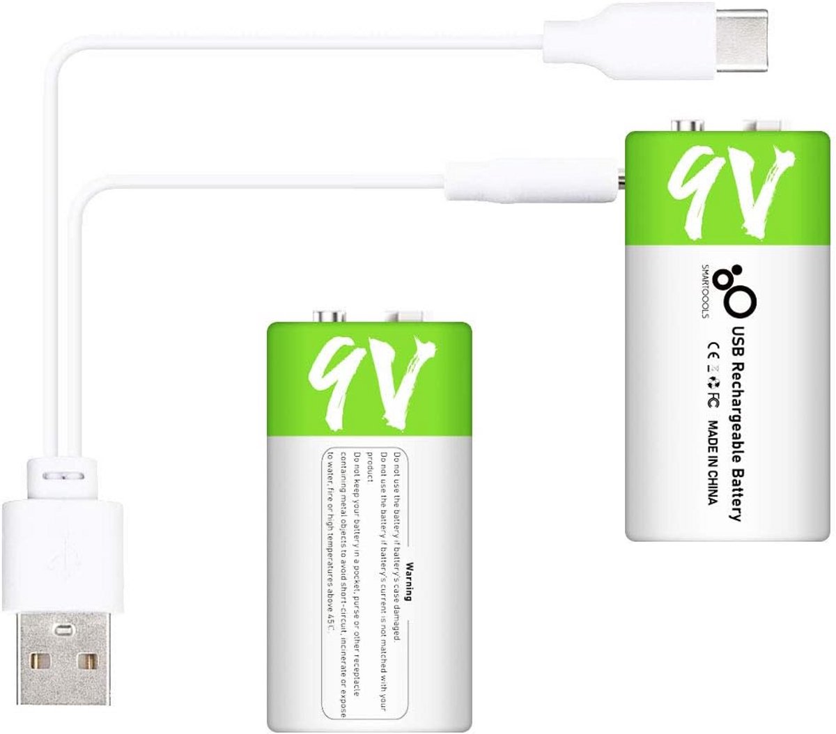 Oplaadbare 9V Batterijen met Type-C, Constante Spanning, 4-in-1 Oplaadkabel (2 Stuks)