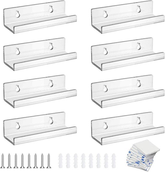 Acht transparante acryl wandplanken, elk met schroefgaten en montagemateriaal, op een witte achtergrond.