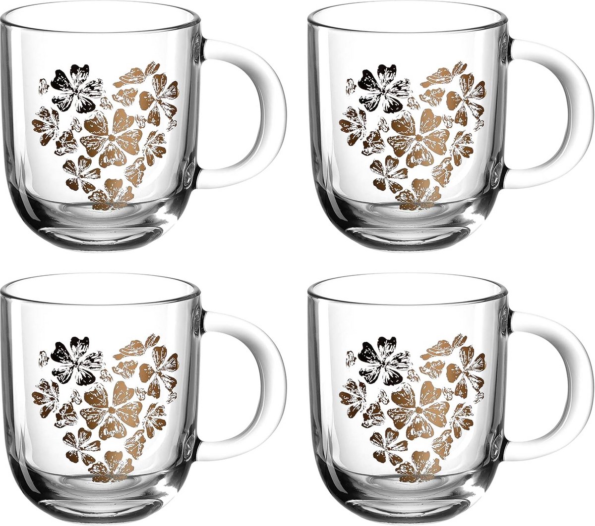 Set van 4 Glazen Koffiemokken 400 ml - Kleurrijk Bloem Hart Design