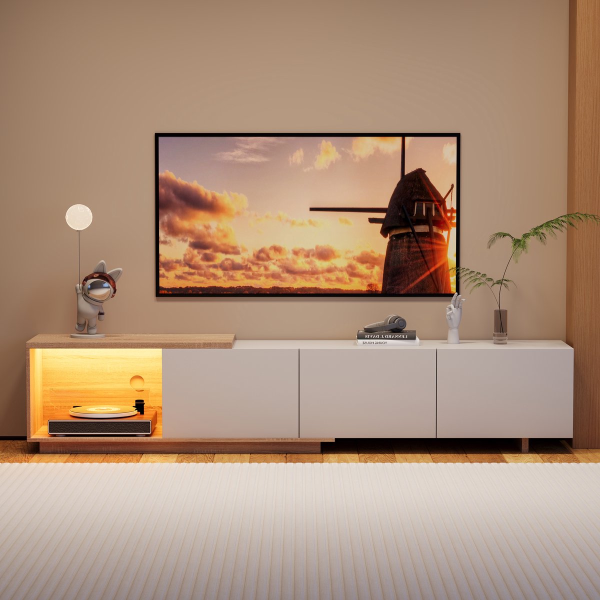 Lage tv-standaard in wit - uitschuifbaar, met sensorgestuurde ledverlichting en 3 lades met push-to-open systeem - modern voor elke woonkamer