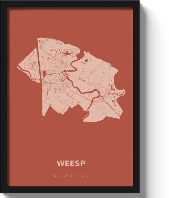 Poster Weesp A3 - 30 x 42 cm - Rood Inclusief lijst (Zwart MDF)