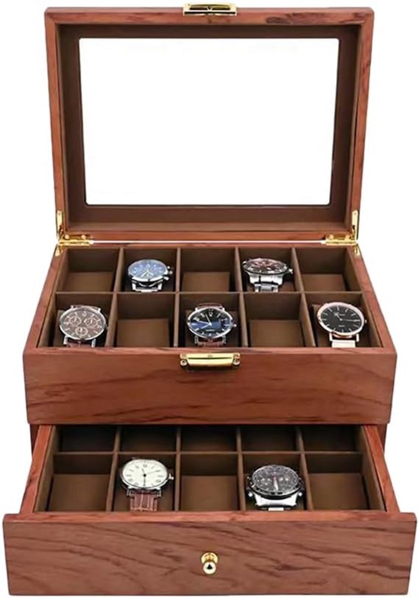Luxe Houten Horlogedoos met 20 Vakken en Glazen Deksel