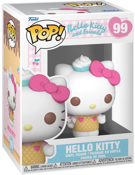 Doos met Hello Kitty Funko Pop! 99 met ijshoorntje-jurkje, roze strik en ijscoupe op hoofd.
