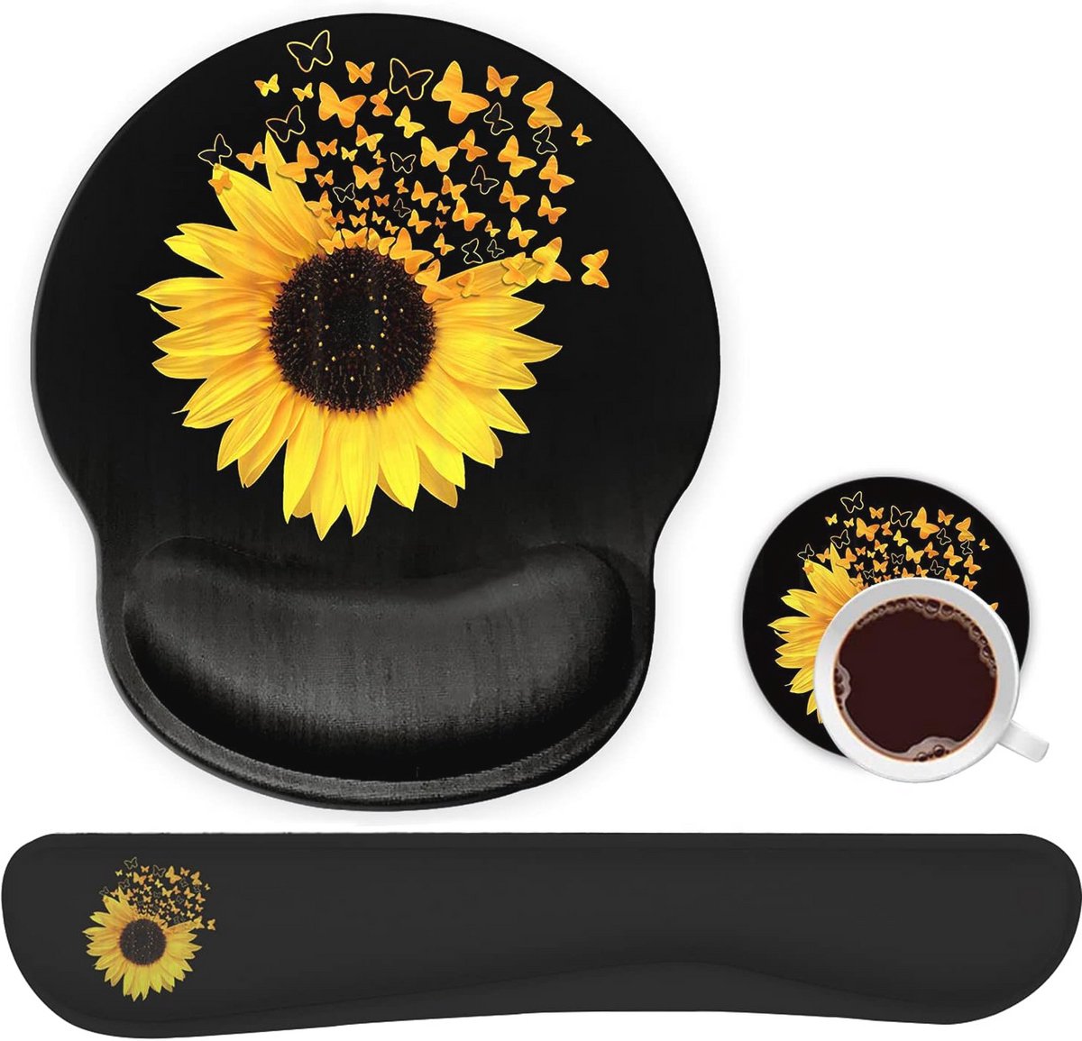 Ergonomische Muismat en Toetsenbord Polssteun Set voor Laptop en Kantoor - Comfortabele Ondersteuning met Zonnebloemen en Vlinders