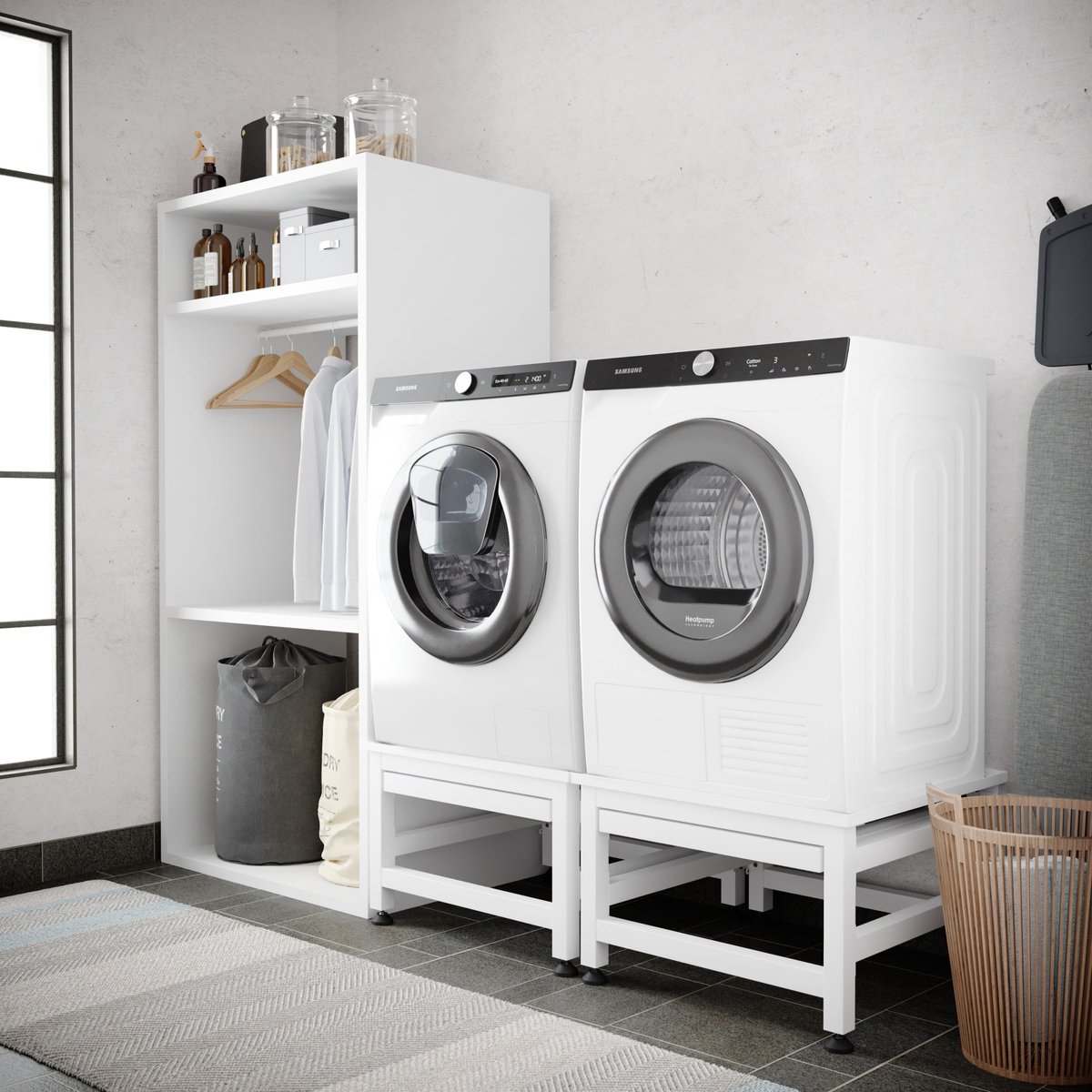 Wasophoogte® Wasmachine verhoger met uittrekbaar plateau - Dubbele wasmachine opbouwmeubel - Wasmachine sokkel - 42cm hoog - Wit - Universeel - 65*60,5 (LxB) - Inclusief wandbeugels thumbnail 6