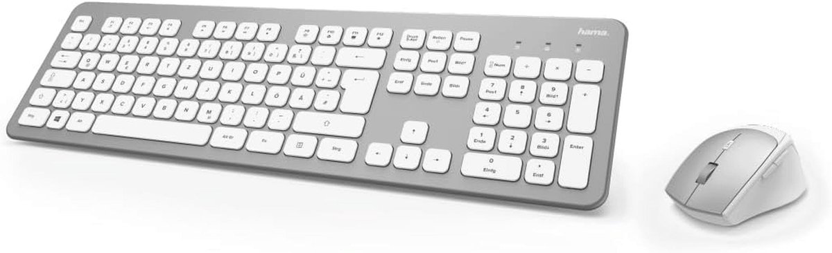Draadloos Toetsenbord en Ergonomische Muis Set - QWERTZ Indeling, 2.4 GHz, USB-ontvanger, Wit Zilver