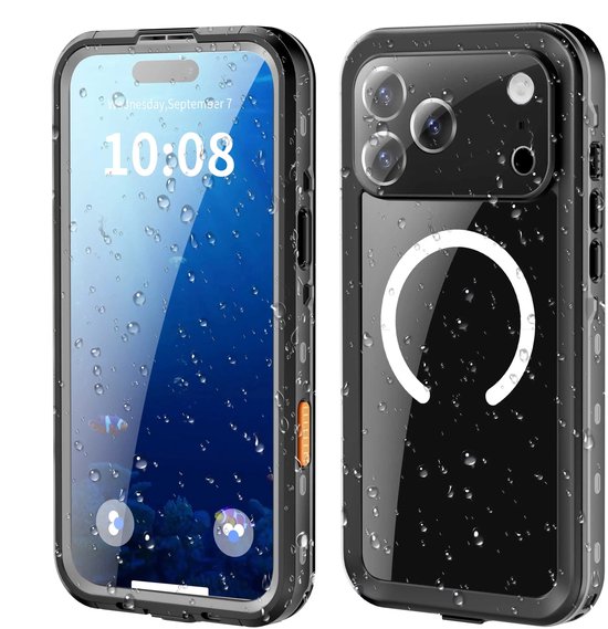 Coque DrPhone noire pour iPhone 17 Pro Max avec des gouttes d'eau, avant et arrière montrés.