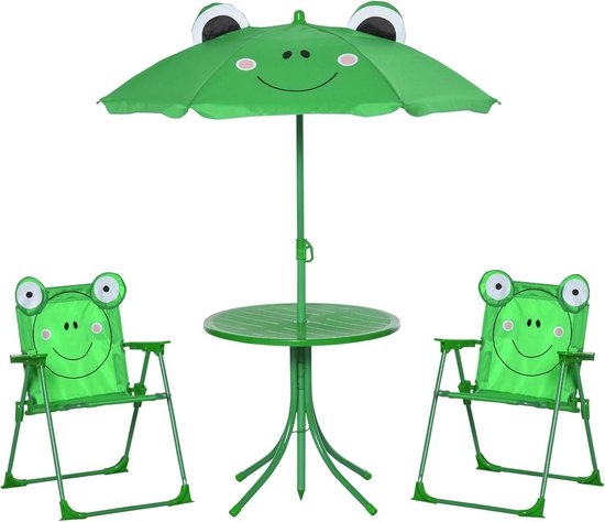 Outsunny 5-delige Tuinset – Vierkante Tafel Met Parasolgat + 4 Klapstoelen, Zwart Metaal, Voor 4 Personen