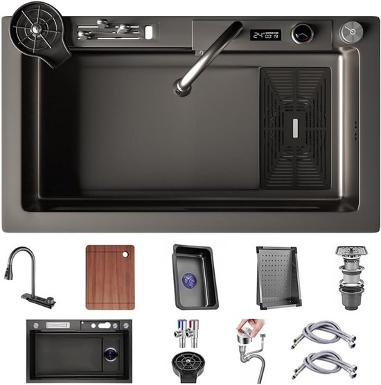 FGNIXLN Keukenspoelbak, T304 roestvrijstalen spoelbak, multifunctionele gootsteen, watervalspoelbak, inbouwspoelbak met multifunctionele digitale kraan en verschillende accessoires (75 x 45 cm