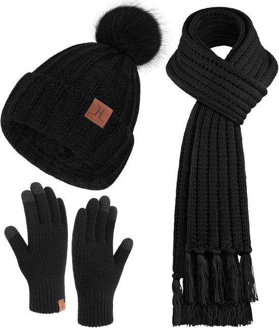 XDGBGFN Muts sjaal handschoenen set heren dames, winter muts gebreid met fleece sjaal touchscreen handschoenen winter nekwarmer cadeauset, donkergrijs, Eén maat XDGBGFN Muts sjaal handschoenen set heren dames, winter muts gebreid met fleece sjaal touchscreen handschoenen winter nekwarmer cadeauset, donkergrijs, Eén maat
