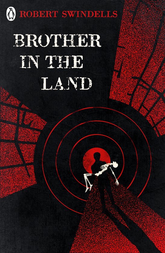 Couverture de livre : 'BROTHER IN THE LAND'. Fond noir avec des lignes brisées et des cercles rouges. Un squelette porte une silhouette qui se dissout.