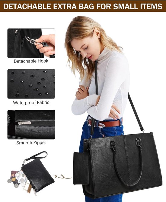 Lunch Tas - 2-in-1 Lunch Tas Handtas Combinatie - Vegane Leder Laptop tas - 15,6-inch Handtas Met Geïsoleerde Lunch Kamer - Lunch Tas - Vrouwen Koeltas - School Kantoor Isolatie Tas - Zwart van Merkloos — afbeelding 3