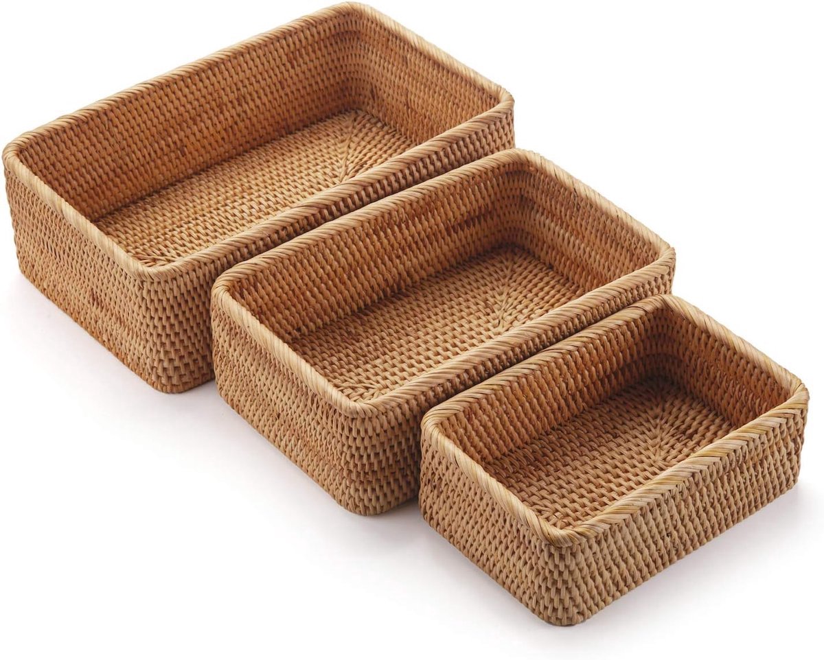 Stunq® Rechthoekige Rotan Opbergmanden - Set van 3 - Natuurlijke Kleuren - Geweven Rieten