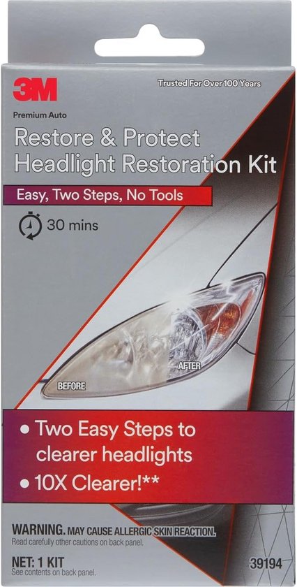 3M Restore & Protect Headlight Restoration Kit met "Easy, Two Steps, No Tools" en "30 mins".