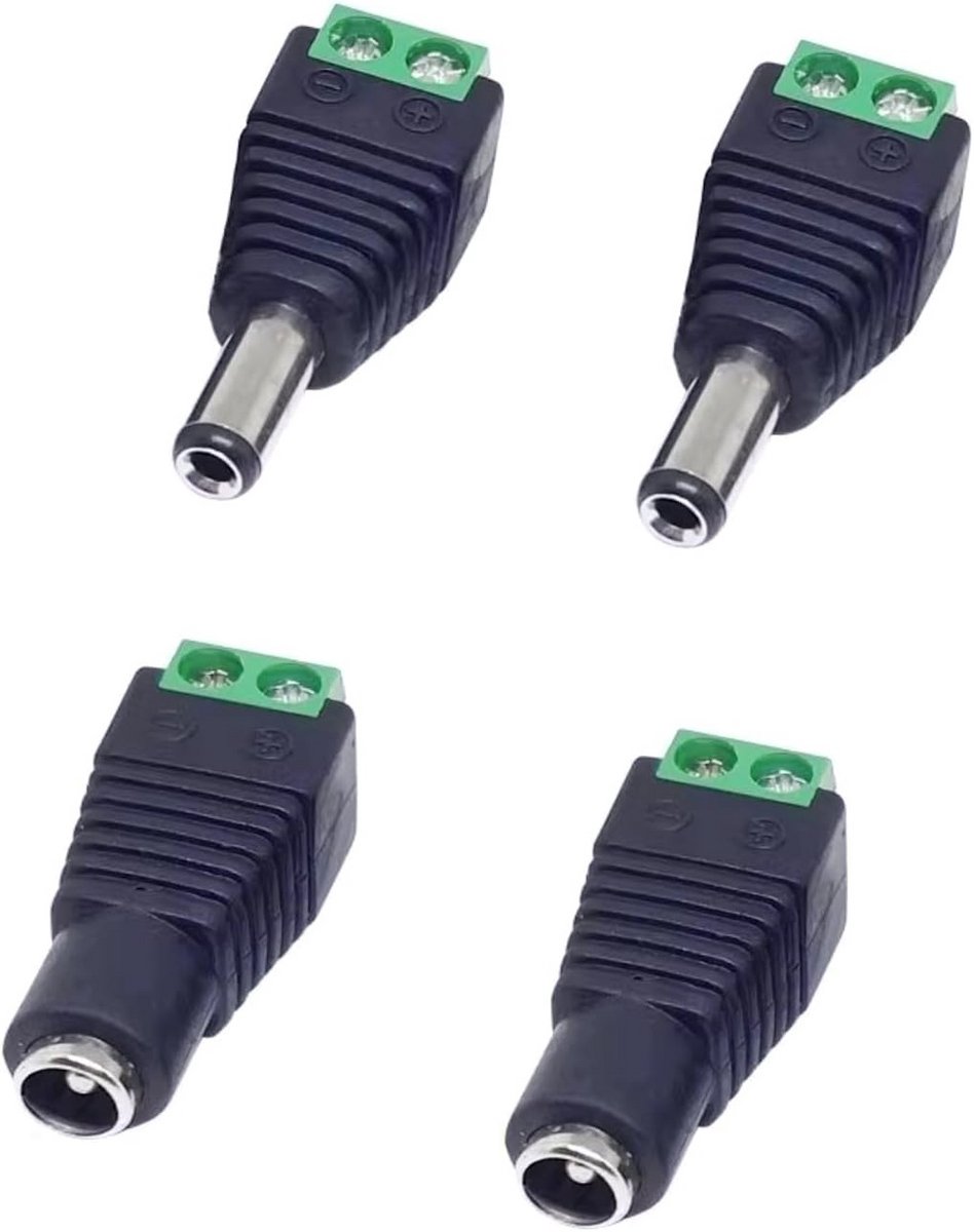 4-Delige DC Adapter Set 5.5 x 2.1 mm Mannelijk en Vrouwelijk voor LED Strips en Beveiligingscamera's