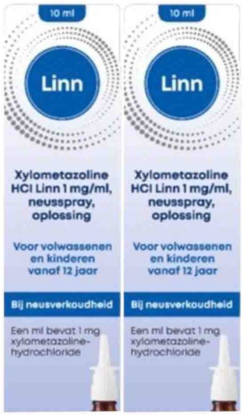 Verpakking met twee Linn Xylometazoline HCl 1 mg/ml neussprays, oplossing voor volwassenen en kinderen vanaf 12 jaar.