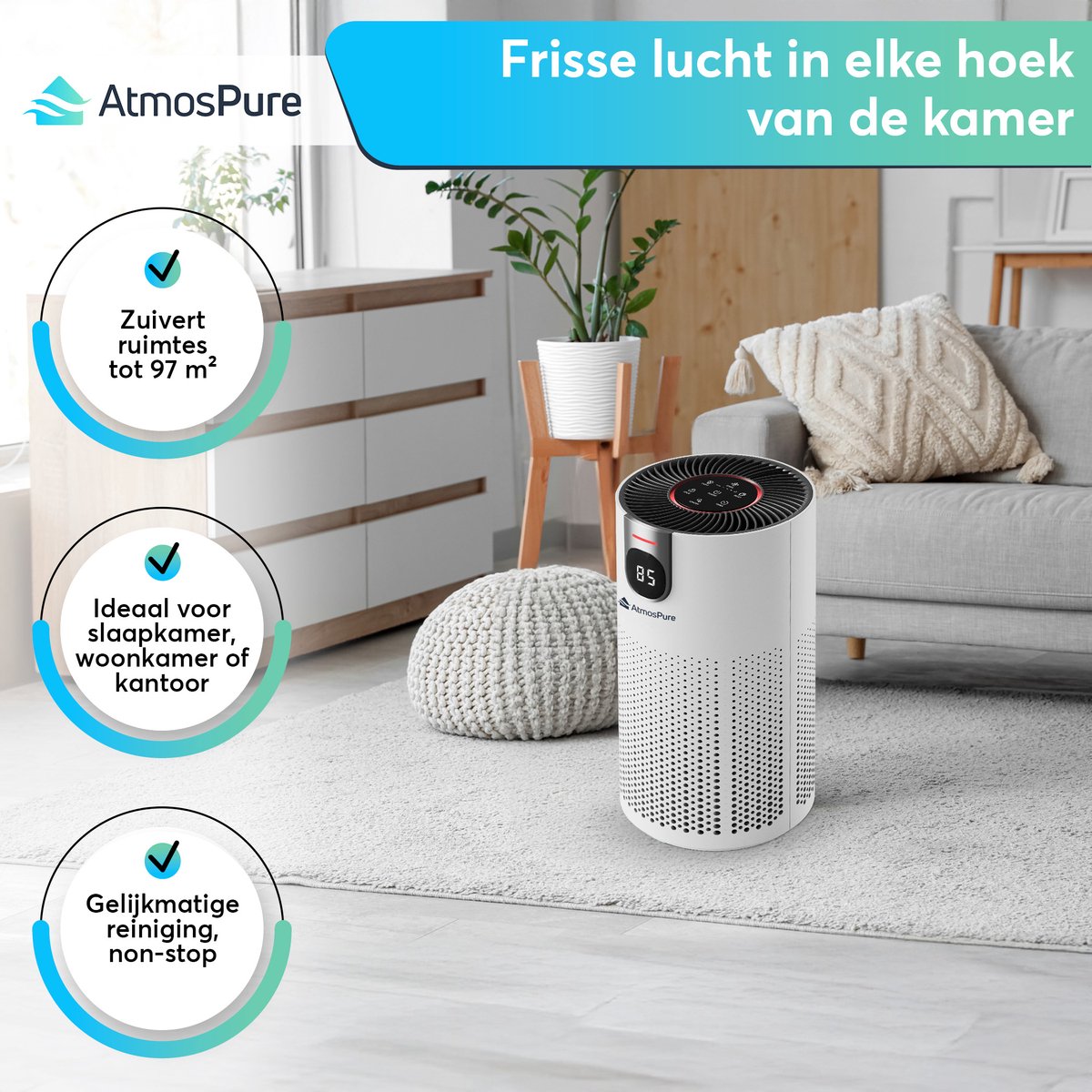 AtmosPure® CleanAir Luchtreiniger - Air Purifier met vervangbaar HEPA 13 + Koolstof filter - CADR 250 m³/h - Wit - Voor 98 m² - Filtert pollen, huisstofmijtallergenen en fijnstof - 3 standen + stille slaapstand - Luchtkwaliteit Sensor – foto 3