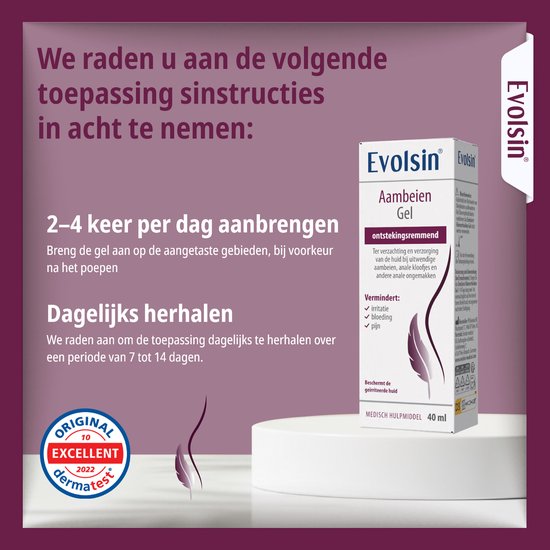 Tube de Gel hémorroïdaire Evolsin, avec instructions d'utilisation et sceau Dermtest.