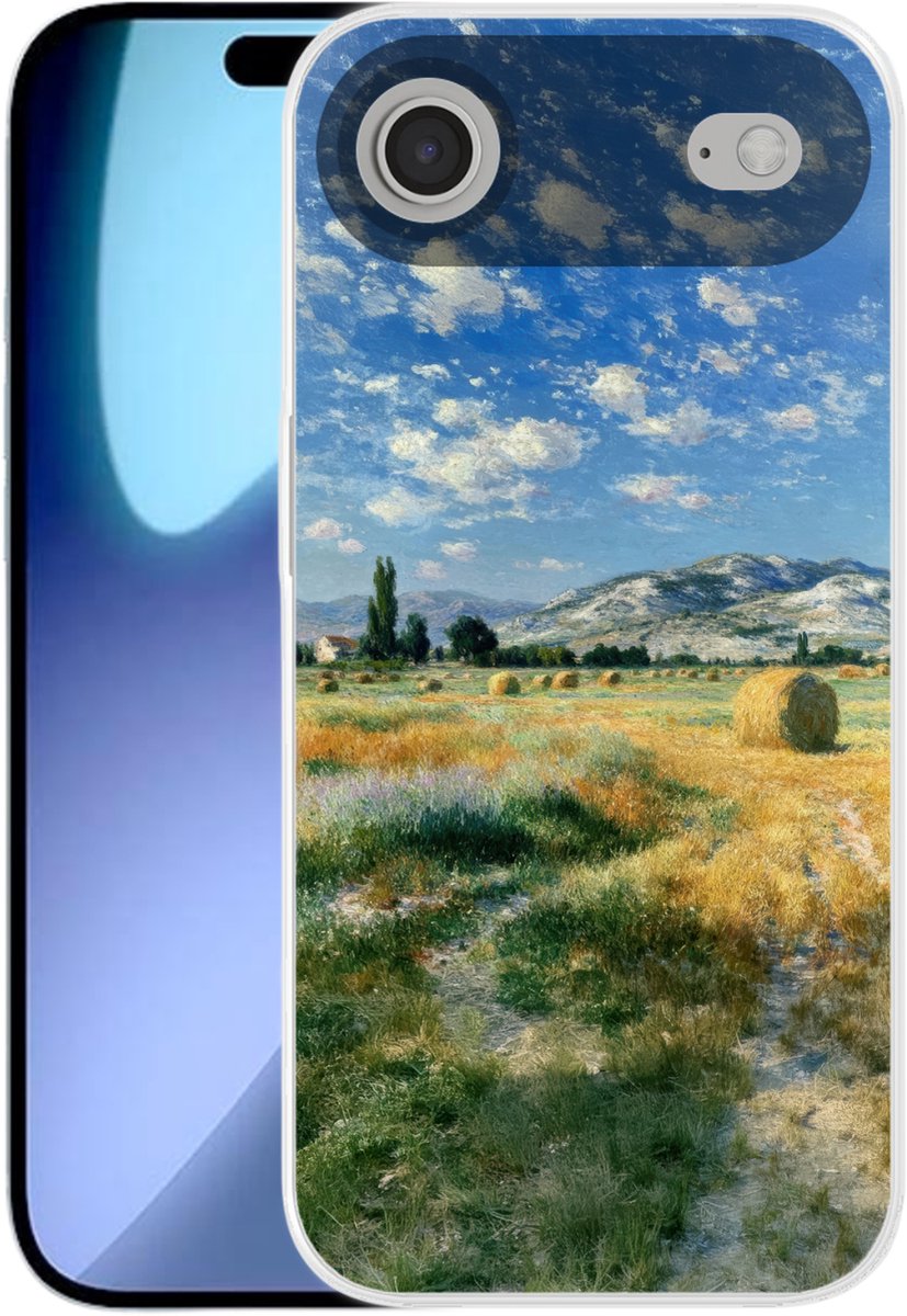 Telefoonhoesje Geschikt voor iPhone Air hoesje - Landschap - Strobalen - Bergen - Wolken - Siliconen Telefoonhoesje Telefoonhoesje