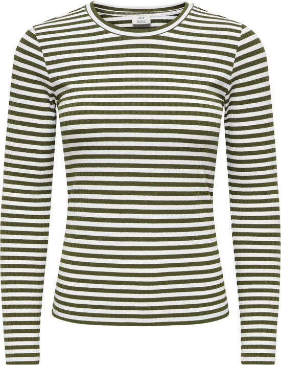 Groene en witte gestreepte longsleeve top met ronde hals, van voren gezien.