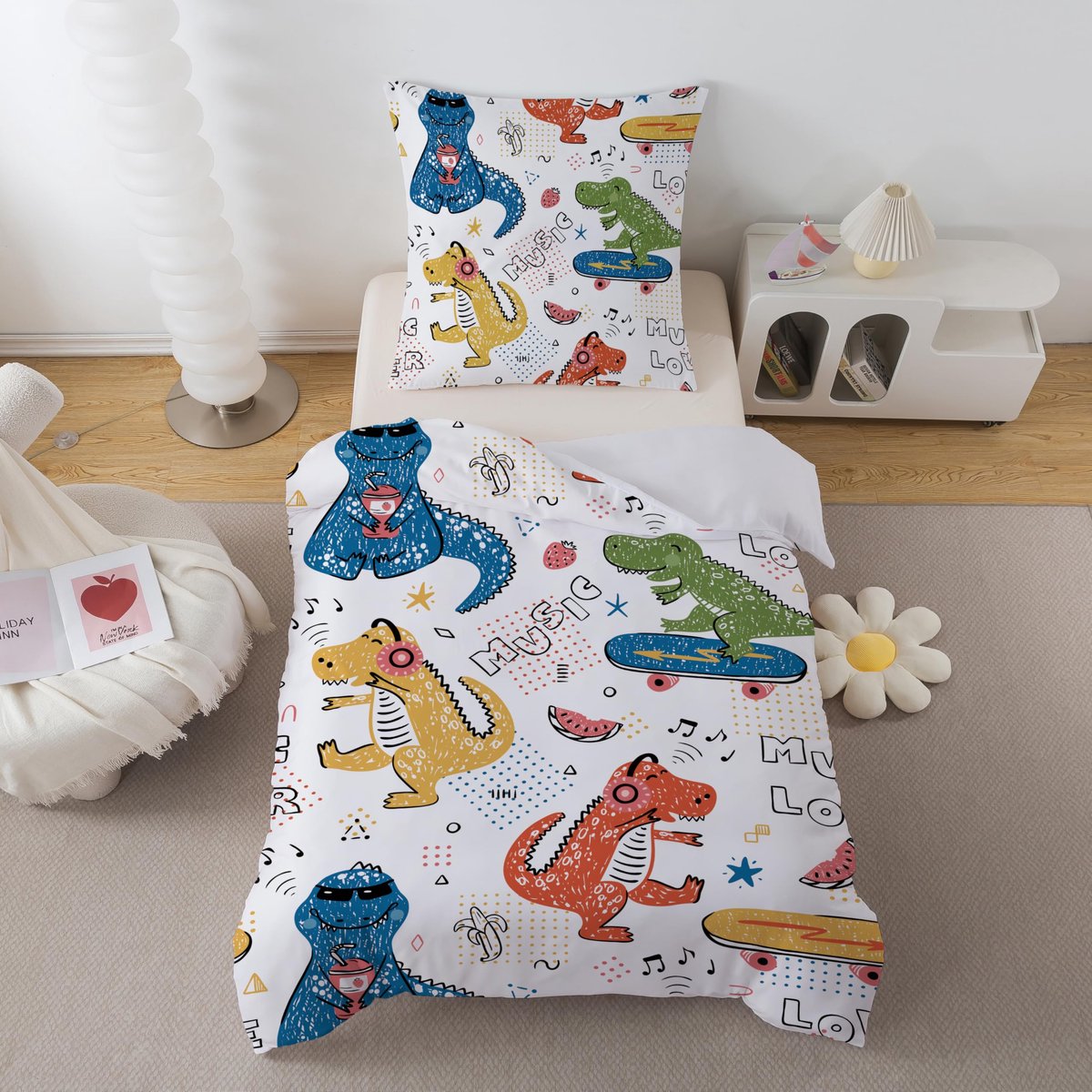Unyqoos Stijlvol en kleurrijk kinderbeddengoed met dinosaurussen voor eenpersoonsbed