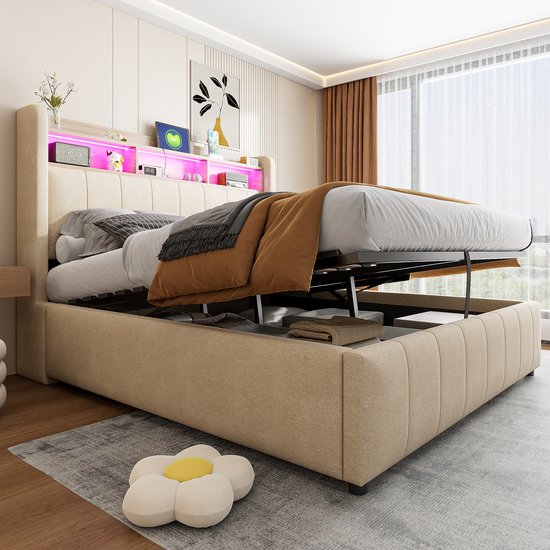 Bed 140x200cm Met LED-verlichting, Opbergbed Met Lattenbodem Stopcontacten Usb En Type C Fluweel Bed 140x200cm Met LED-verlichting, Opbergbed Met Lattenbodem Stopcontacten Usb En Type C Fluweel