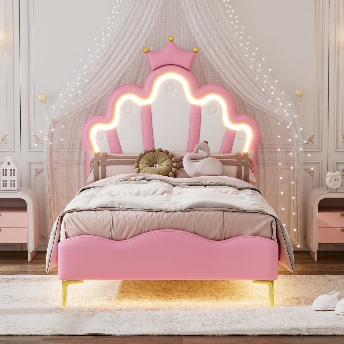 Tweepersoonsbed 90x200cm - Roze - Met RGB LED-verlichting - 12 Lattenbodems - Koninklijk K
