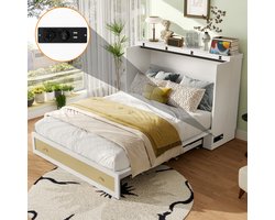 Murphy Bed 140x200 - Opberglade en Koninklijk Hoofdeinde - Wit MDF - USB-poorten en Stopcontact - Omvormbaar tot Kledingkast - Duurzame Materialen - 400 kg Belastbaarheid